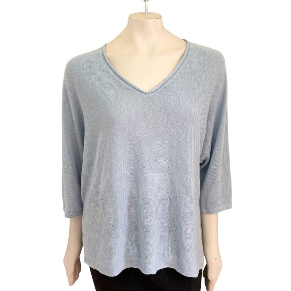 TAHARI Linen Blend Dolman Sleeve Boxy V-neck Sweater in Baby Blue  SZ XL